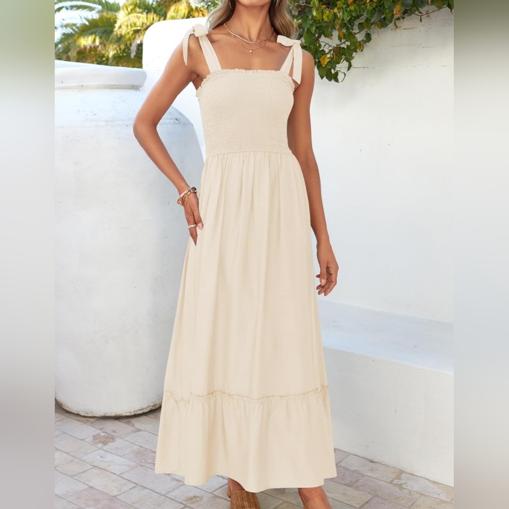 NWT. ZESICA Cream Boho Maxi Dress with Bow Straps